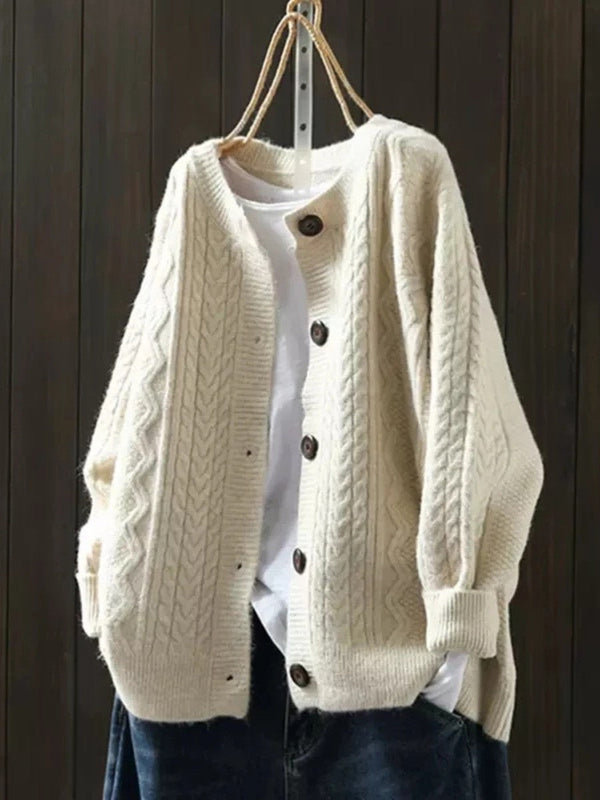 Beige cable-knit button-front cardigan