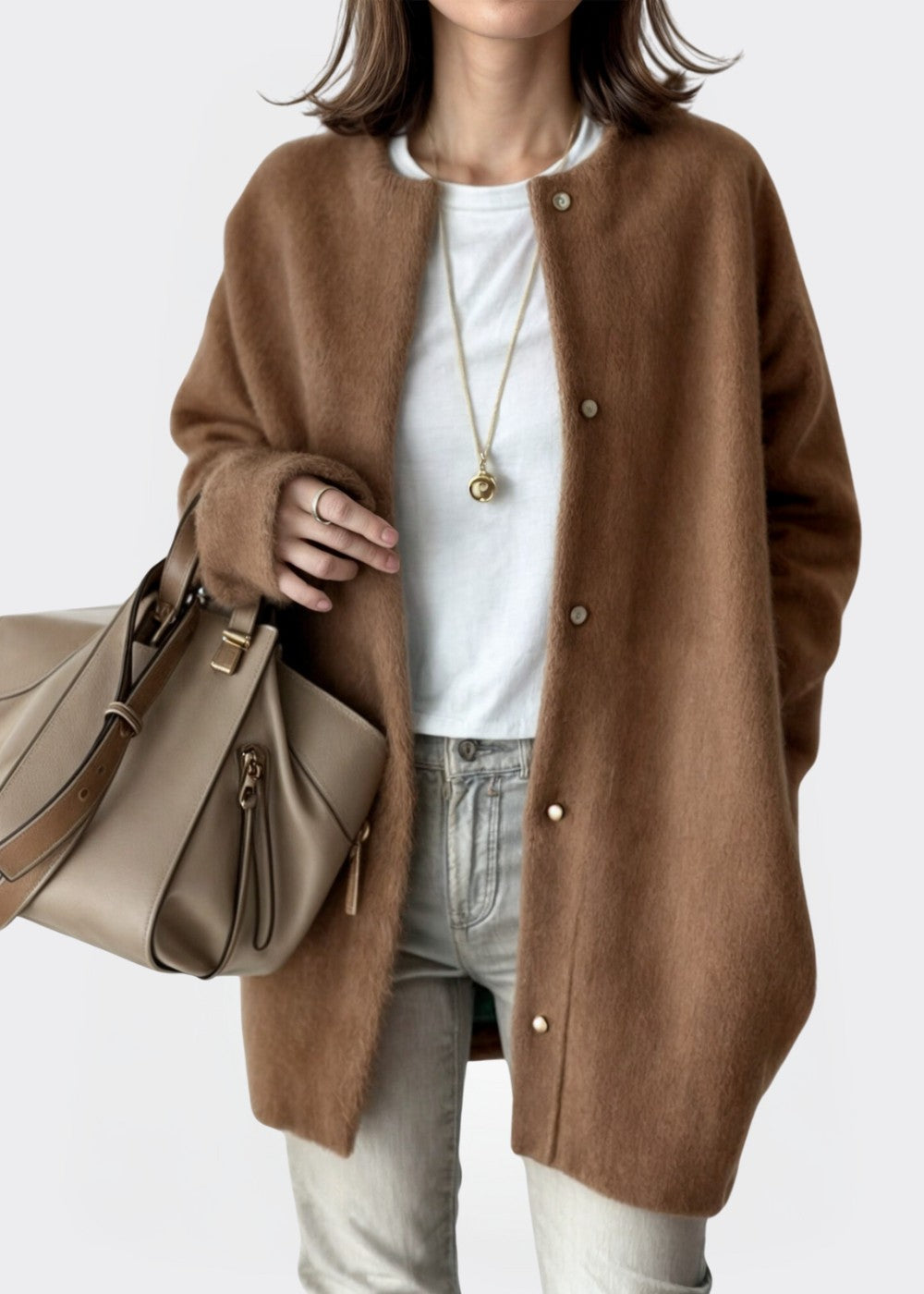 Caramel brushed collarless longline cardigan