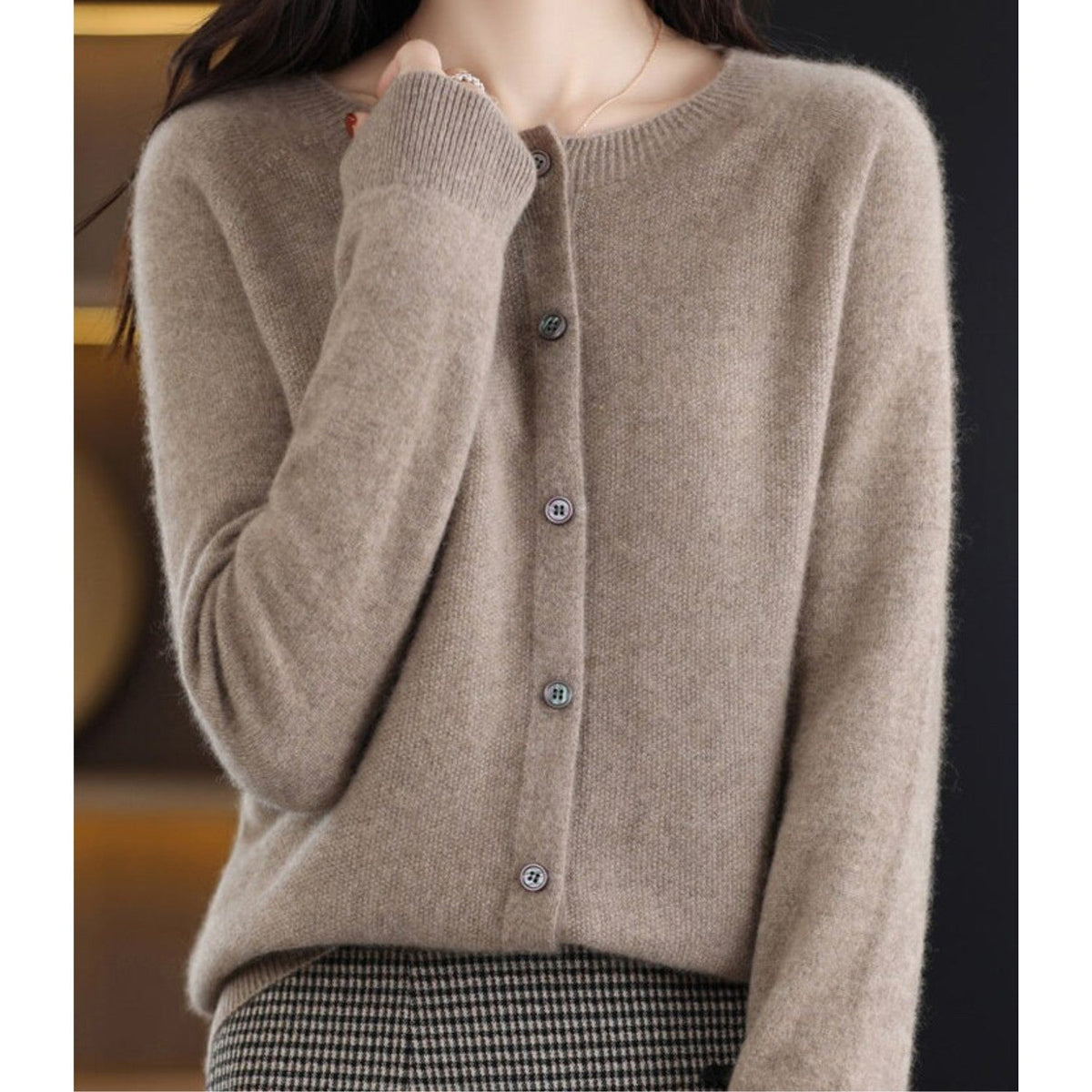 Brown button-up knit cardigan