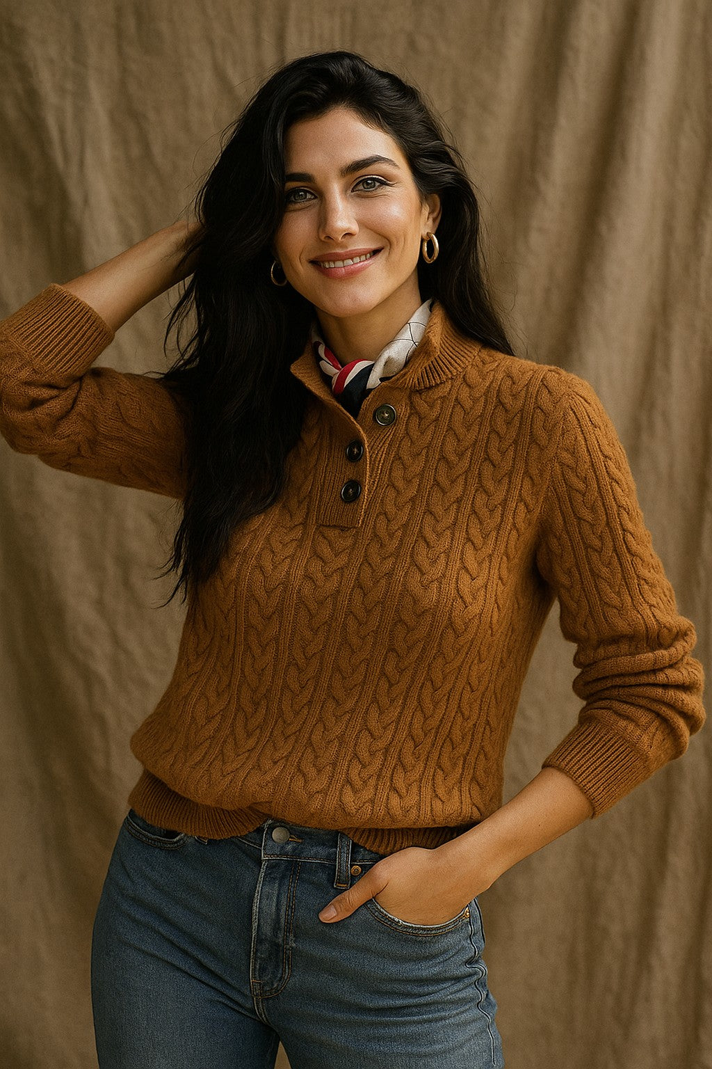 Cable knit button neck jumper