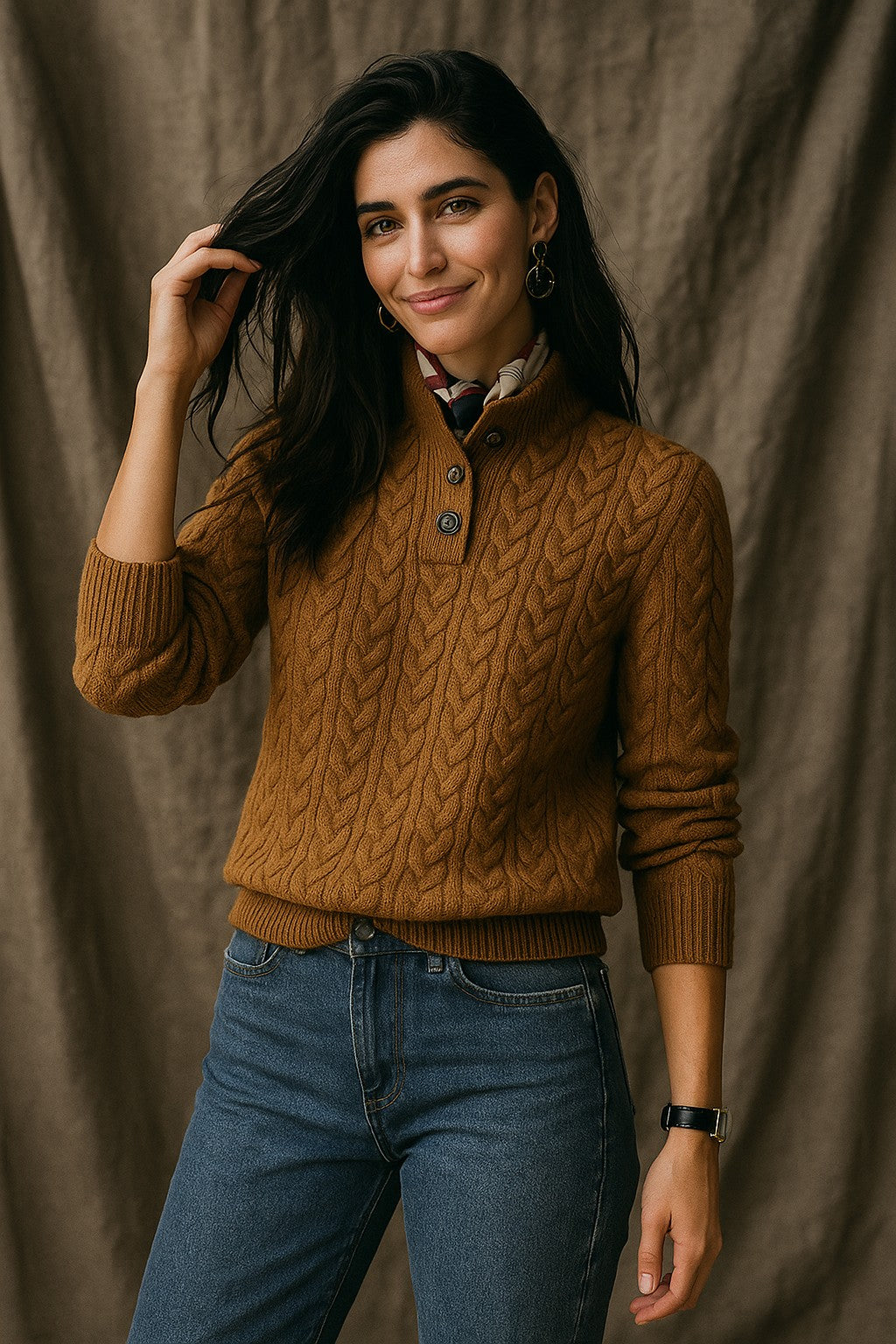 Cable knit button neck jumper