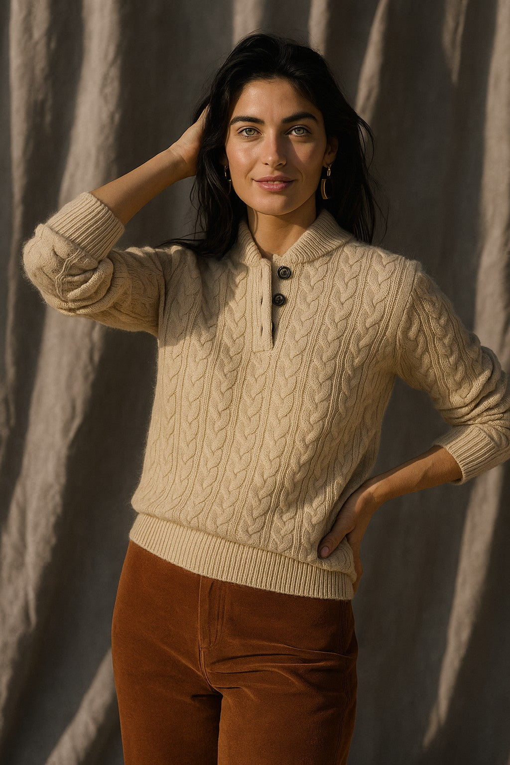 Cable knit button neck jumper