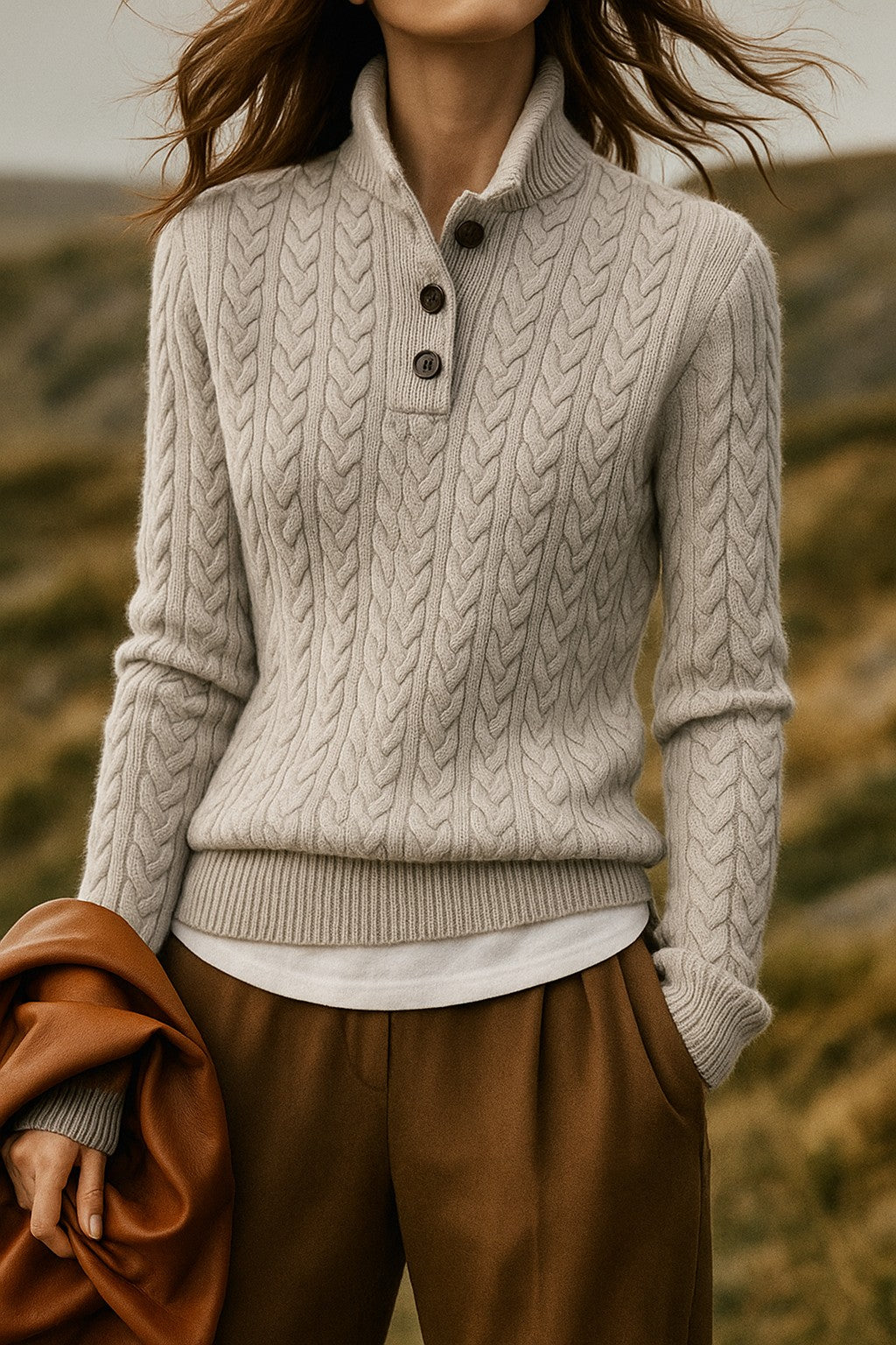 Grey cable knit button-neck jumper