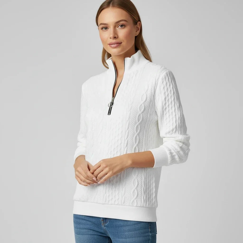 White cable knit quarter-zip jumper