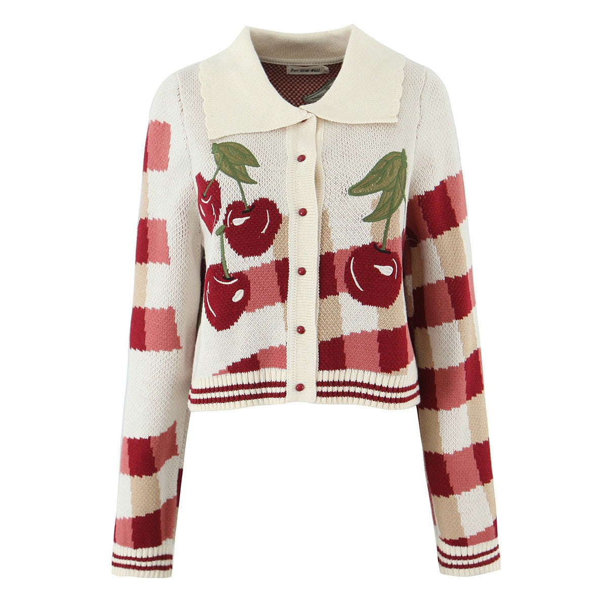Cherry Red cropped collared knit cardigan
