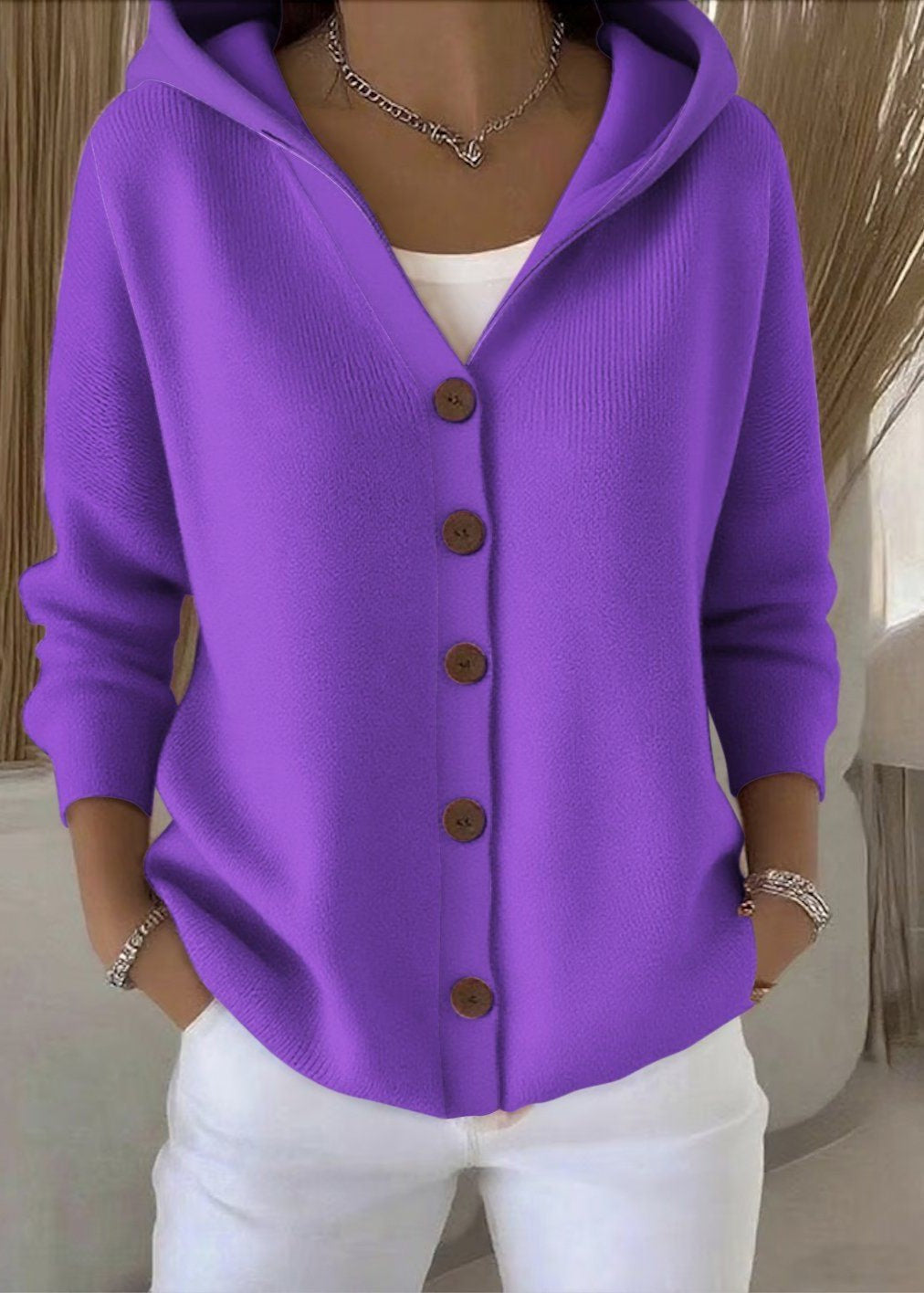 Purple hooded button knit cardigan