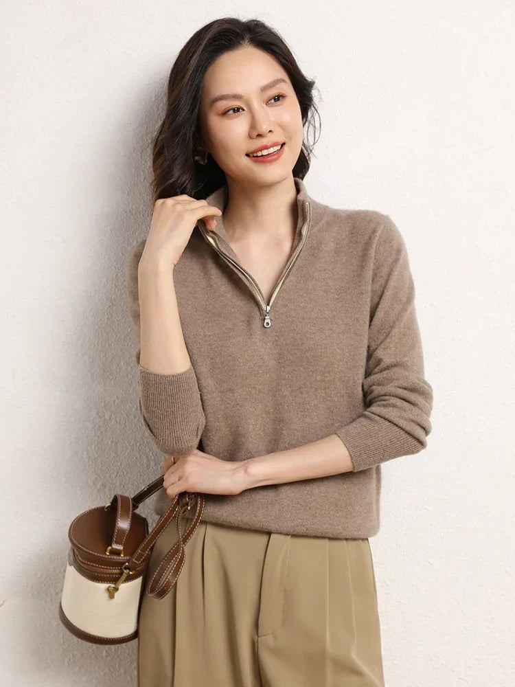 Camel merino wool half zip jumper