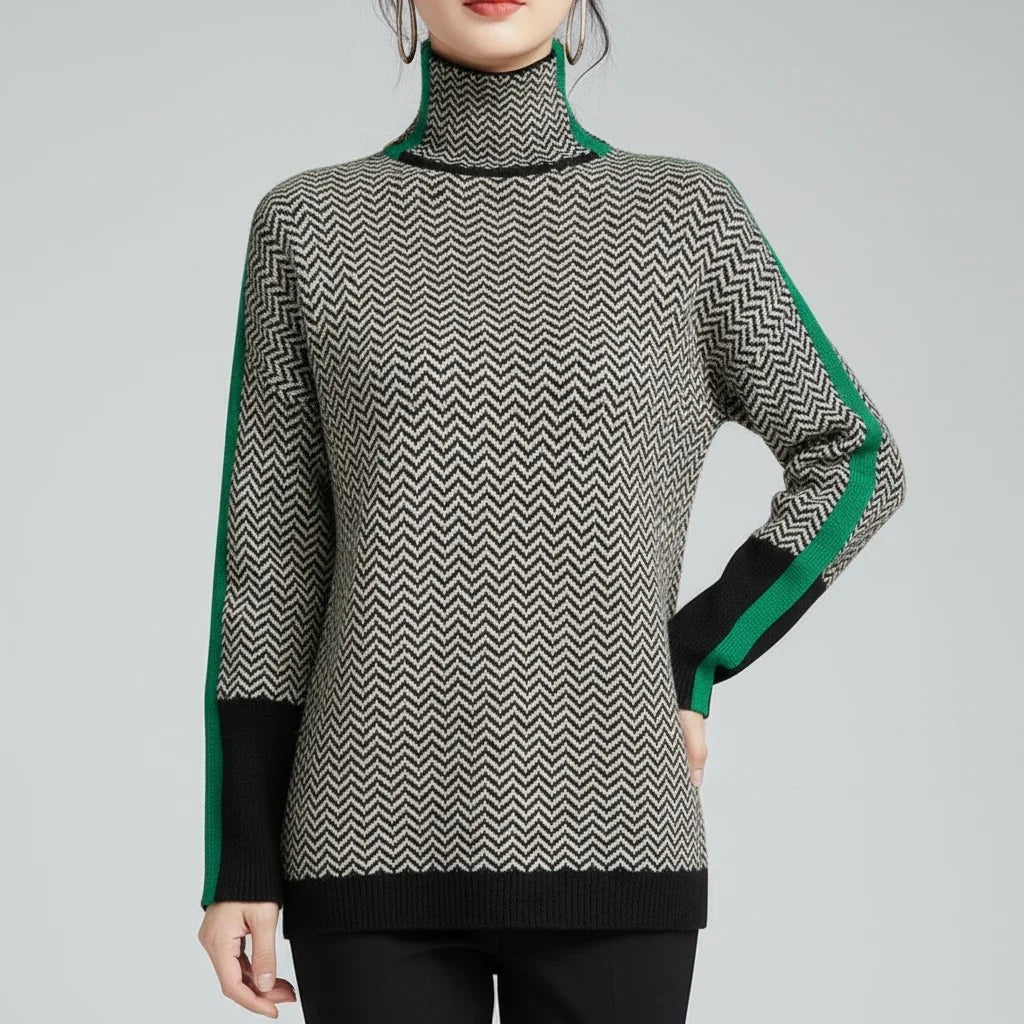 Green merino wool herringbone roll neck jumper