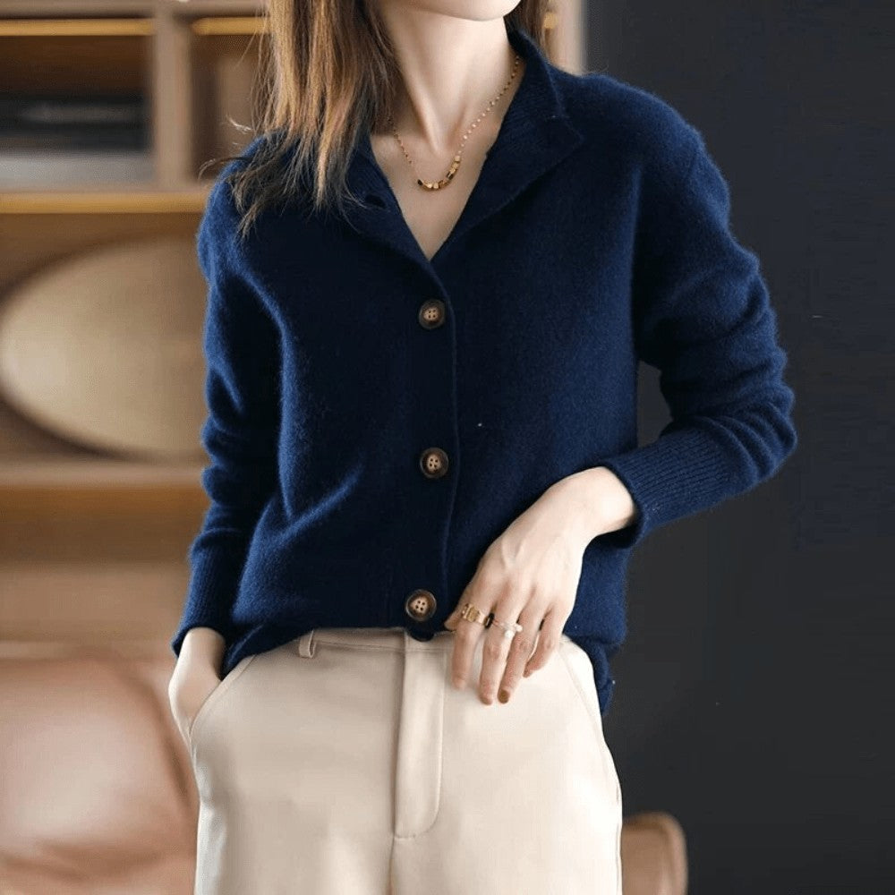 Blue mock neck button cardigan