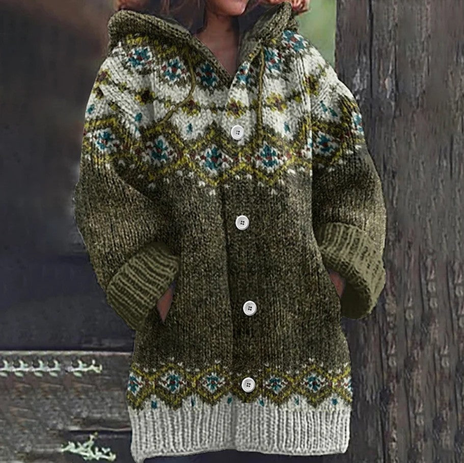 Green nordic fair isle hooded cardigan
