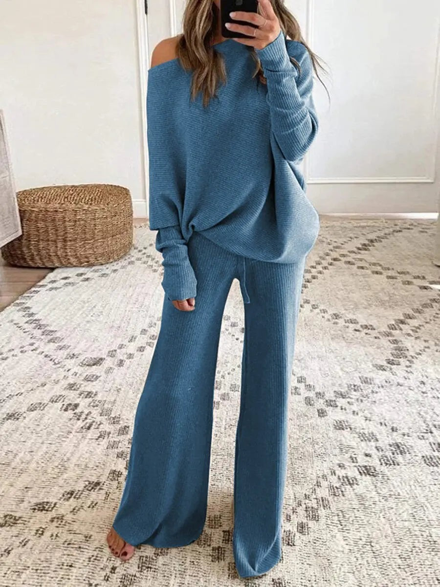 Blue off-shoulder knit lounge set
