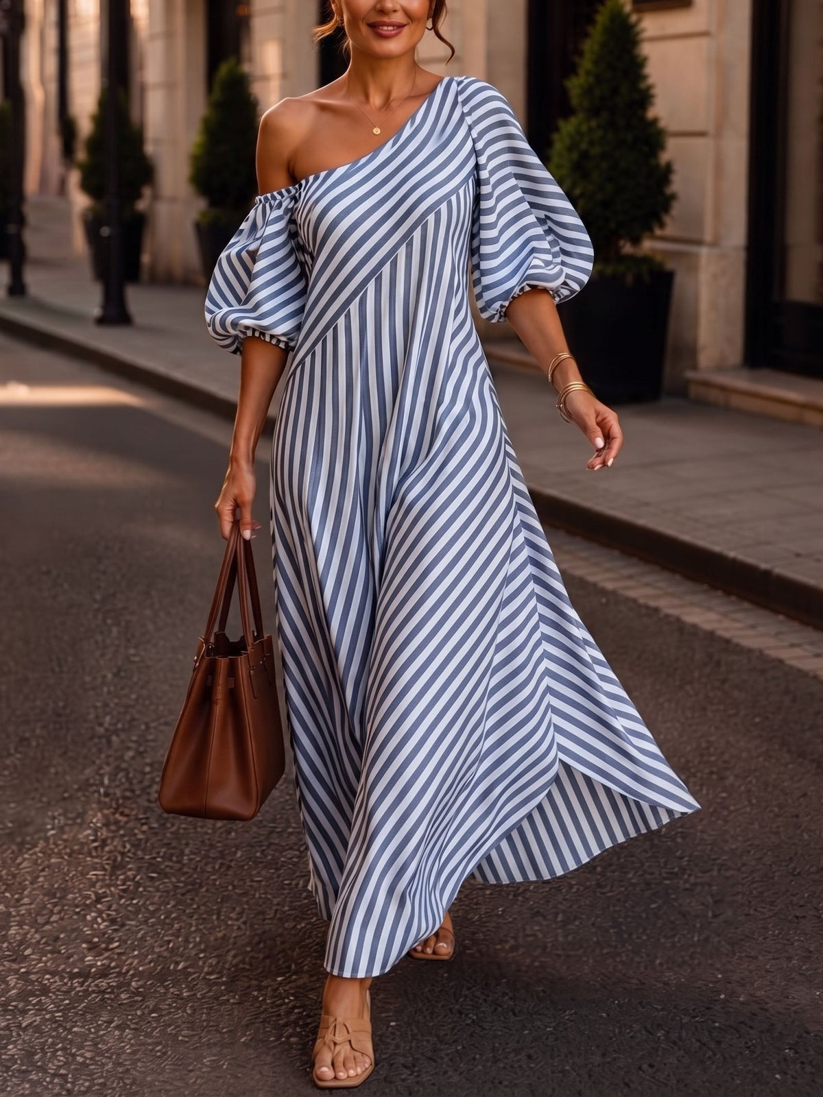 One-shoulder striped maxi dress