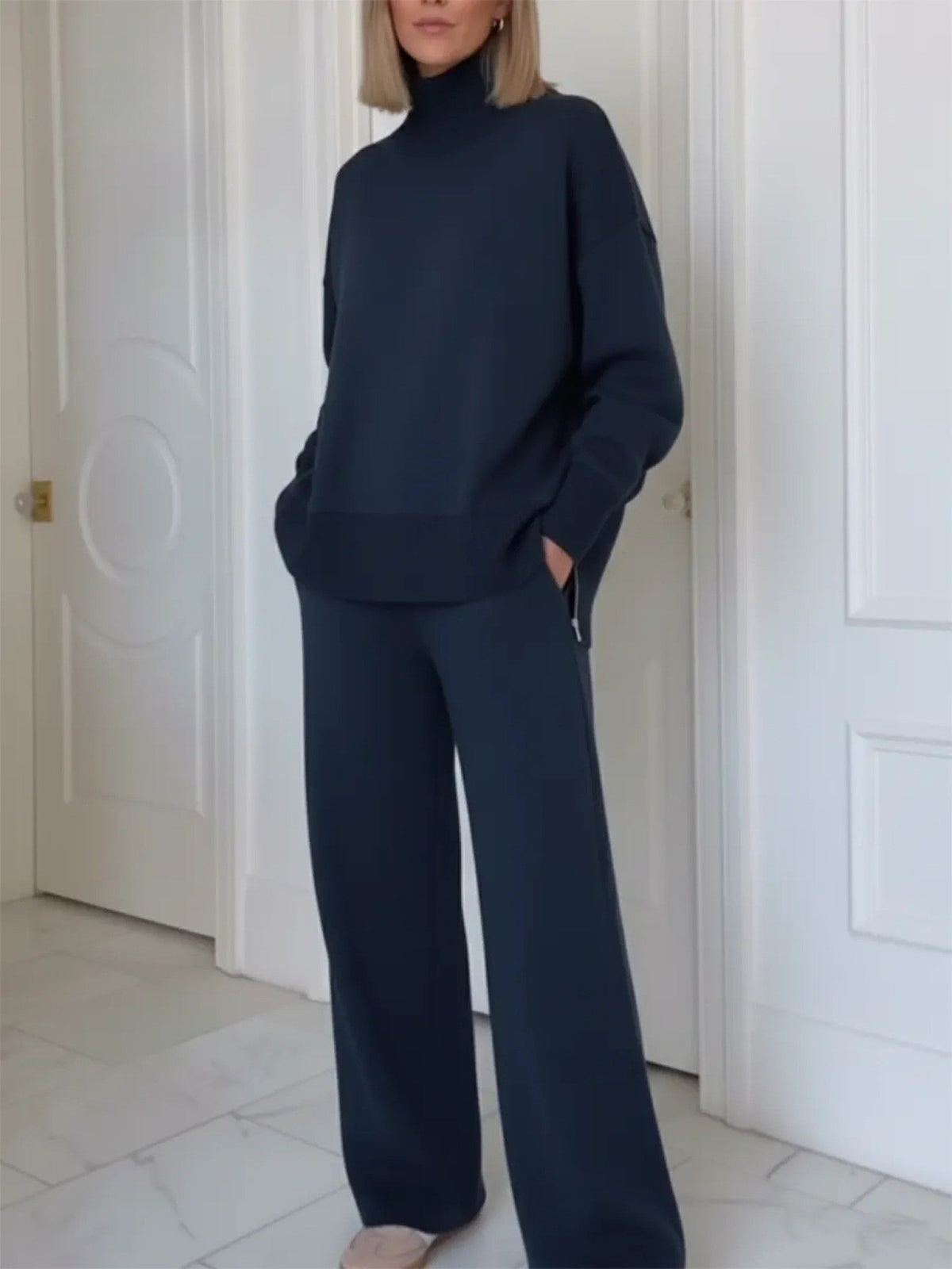 Navy roll neck knit loungewear set