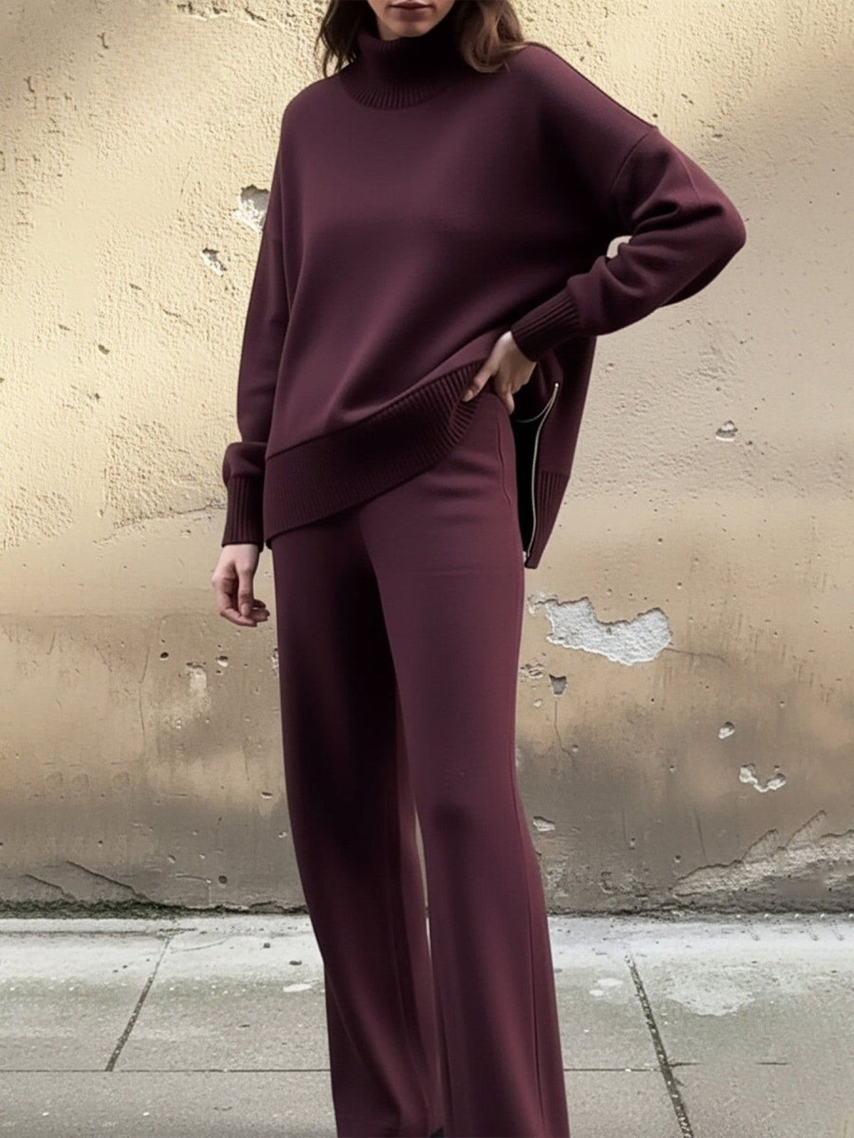 Burgundy roll neck knit loungewear set