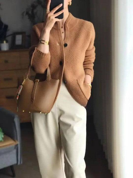 Brown textured stand collar cardigan