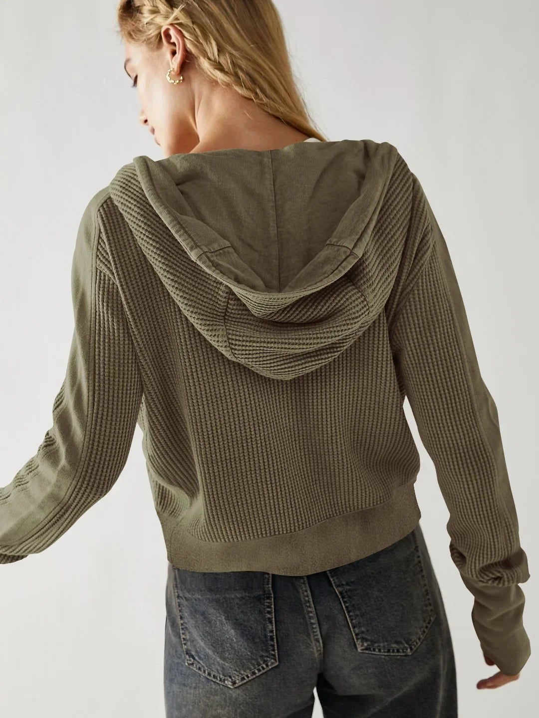 Waffle knit zip-up hoodie