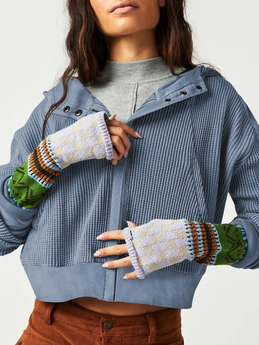Blue waffle knit zip-up hoodie