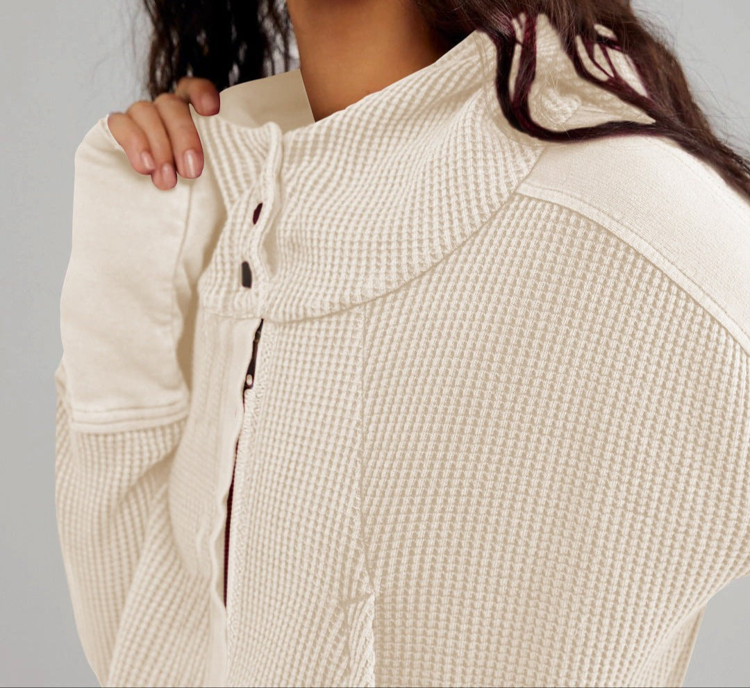 Waffle knit zip-up hoodie