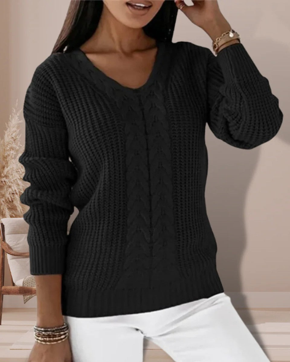 Black wool cable knit v-neck jumper