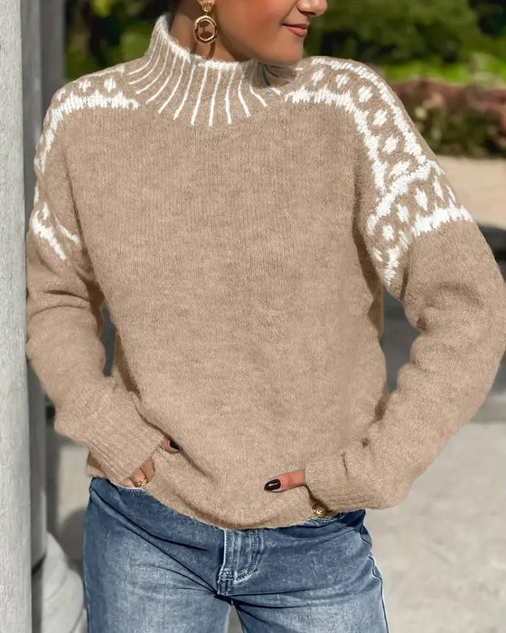Khaki wool fair isle high neck jumper