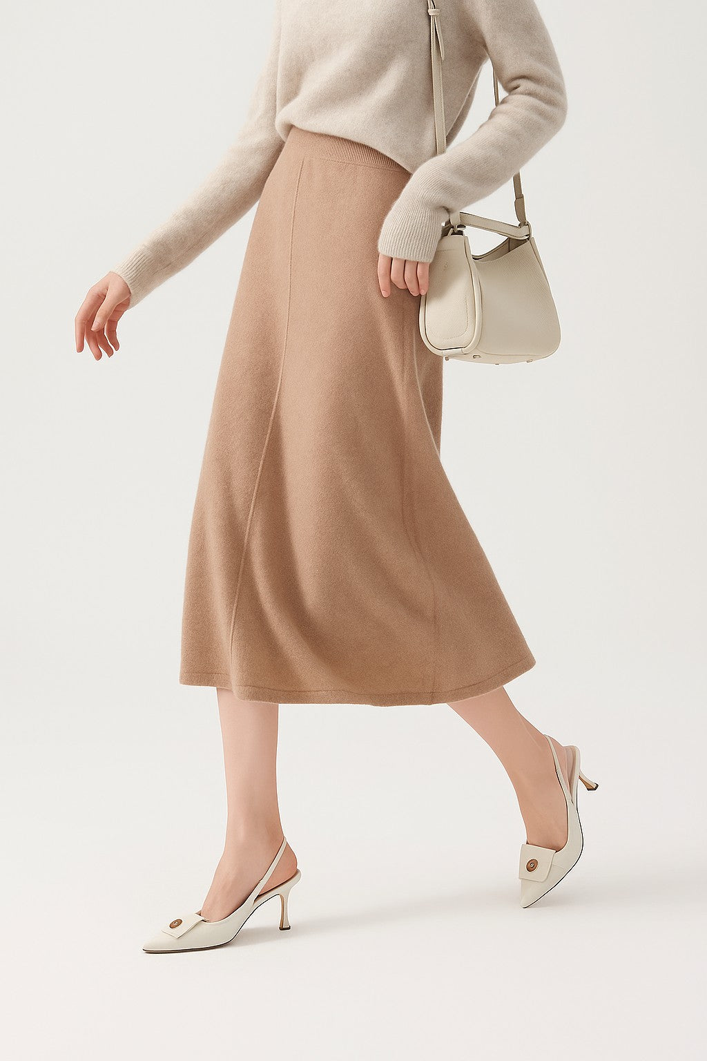 Khaki wool knit midi skirt
