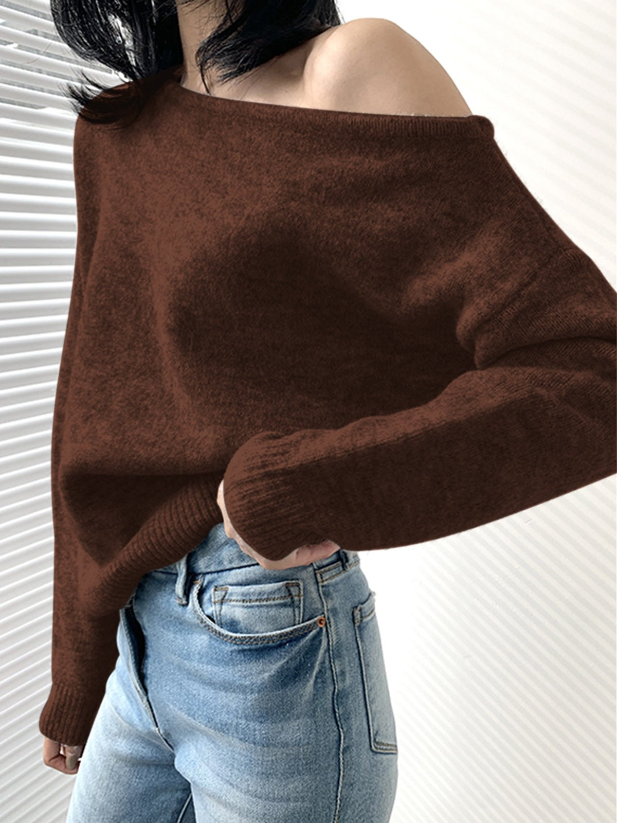 Dark Brown wool off-shoulder jumper