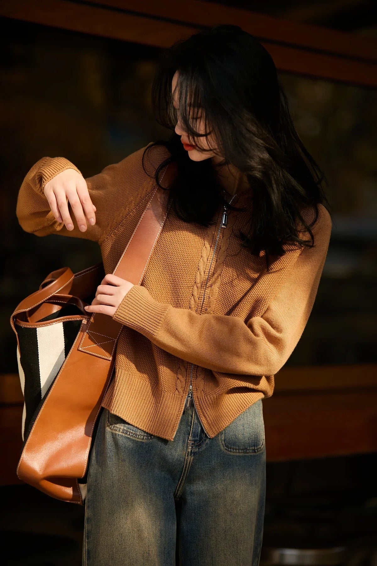 Zip-up cable knit cardigan