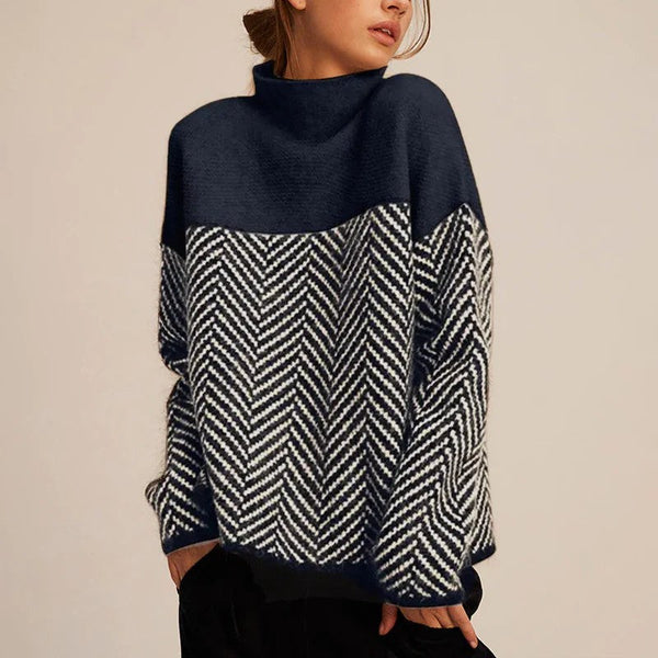 Navy Blue colourblock herringbone roll neck jumper