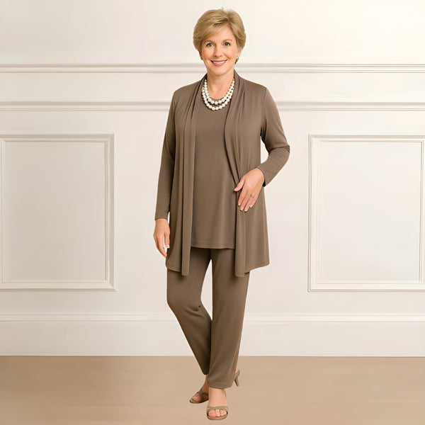 Brown cardigan, top and trouser set