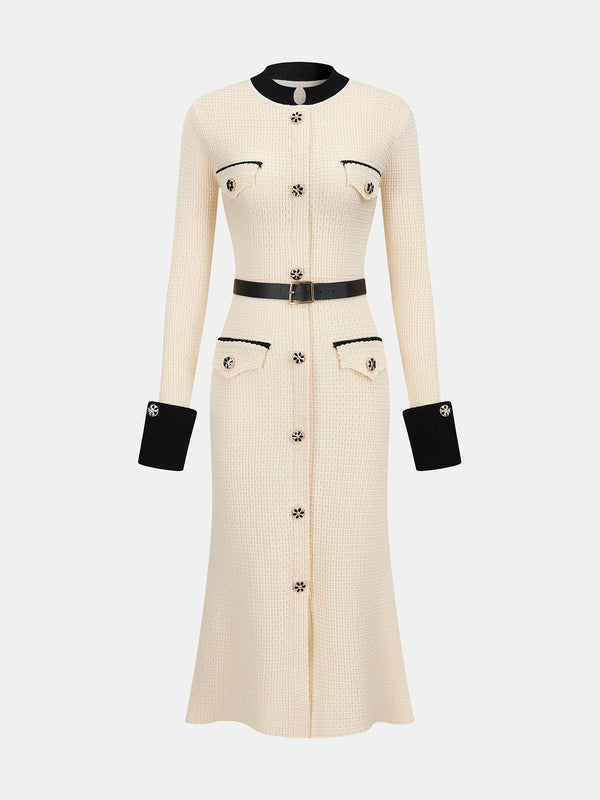 Apricot contrast-trim button-front knit midi dress