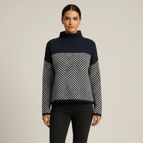 Navy Blue wool herringbone roll neck jumper