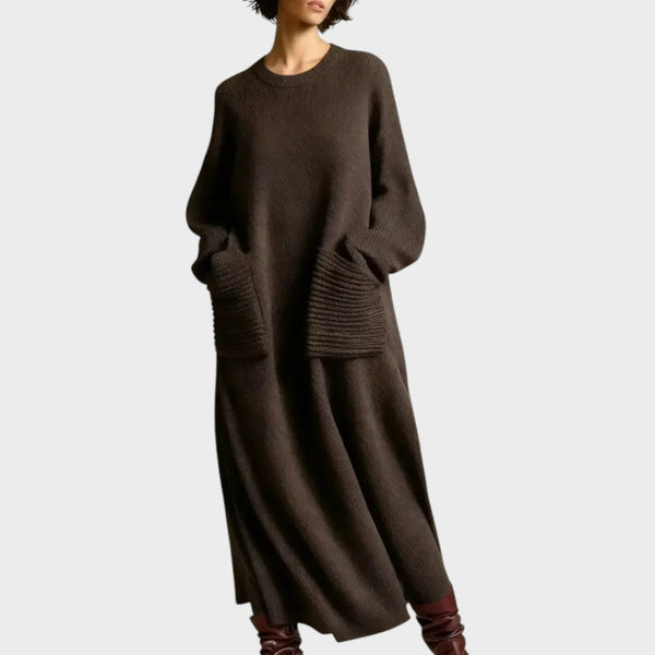 Coffee chunky knit patch-pocket midi dress