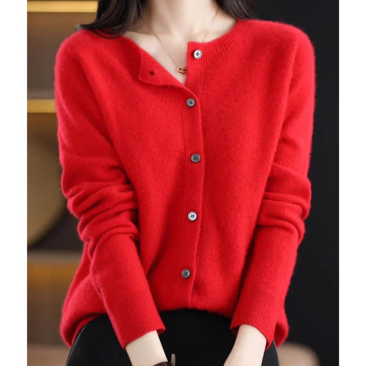 Red button-up knit cardigan