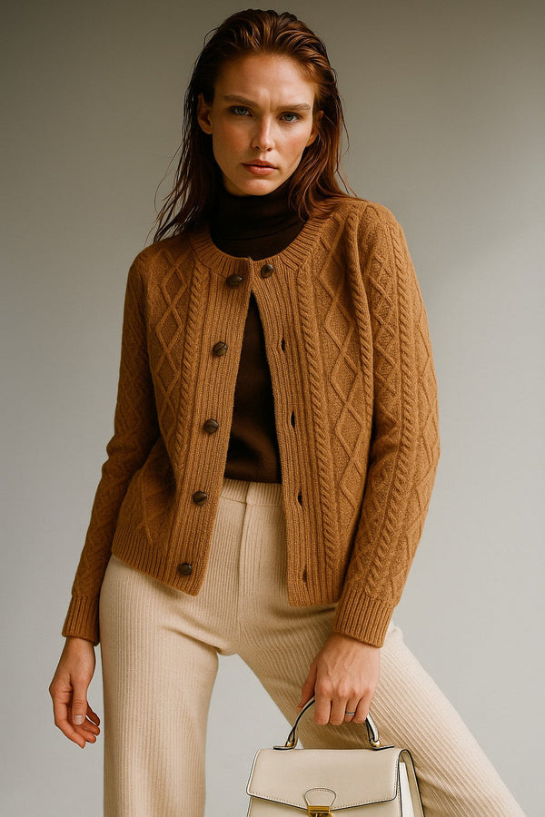 Camel cable-knit button cardigan