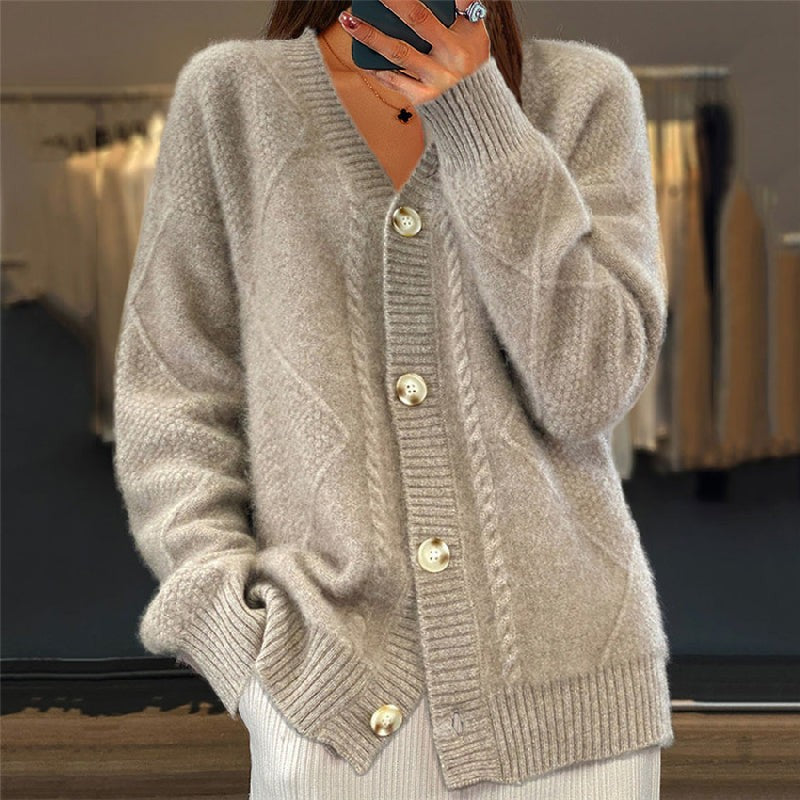 Gray cable-knit v-neck cardigan