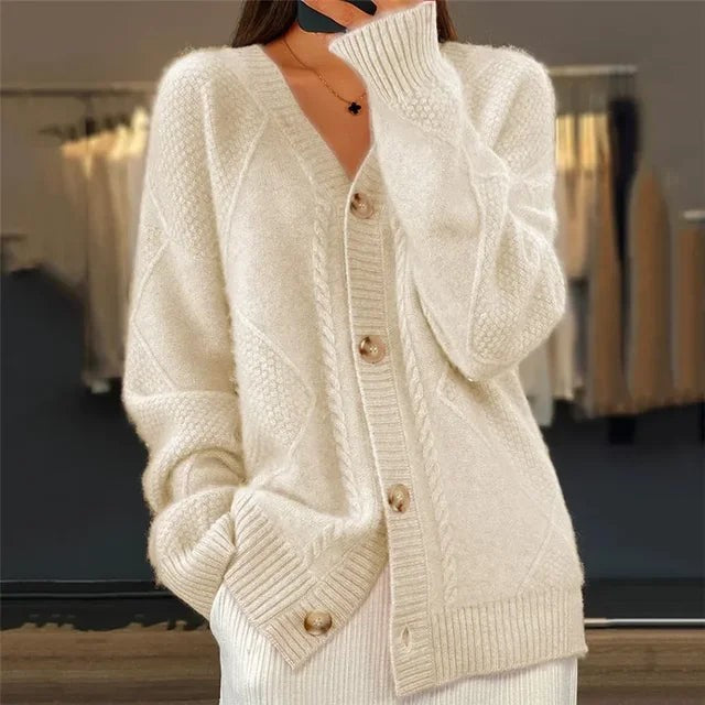 Beige cable knit v-neck cardigan