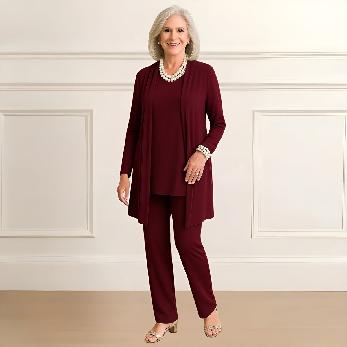Burgundy cardigan, top and trouser set