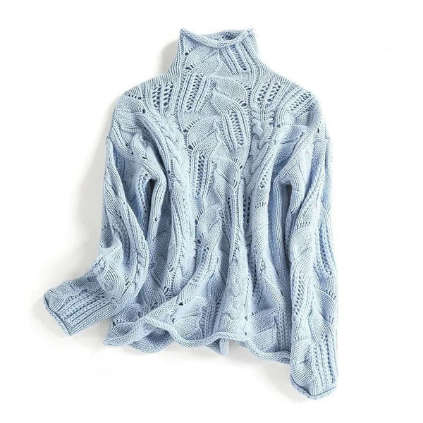 Blue chunky cable-knit roll neck jumper