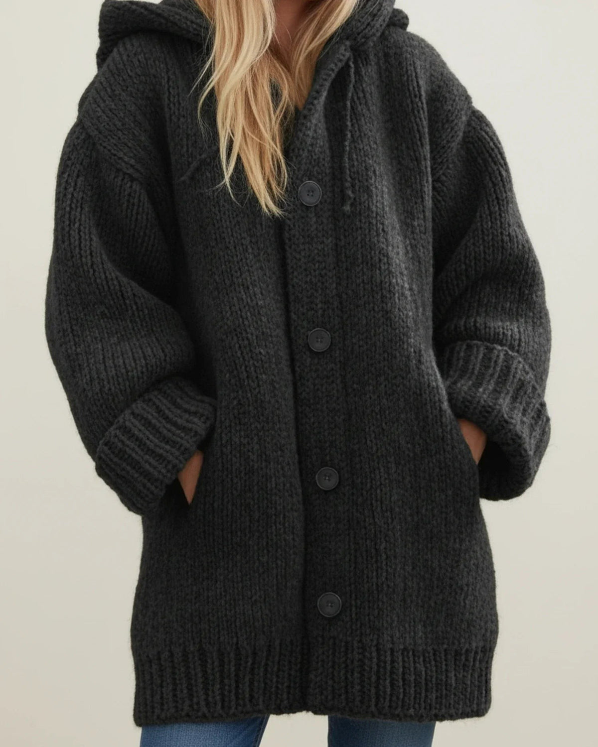 Black chunky hooded cardigan coat