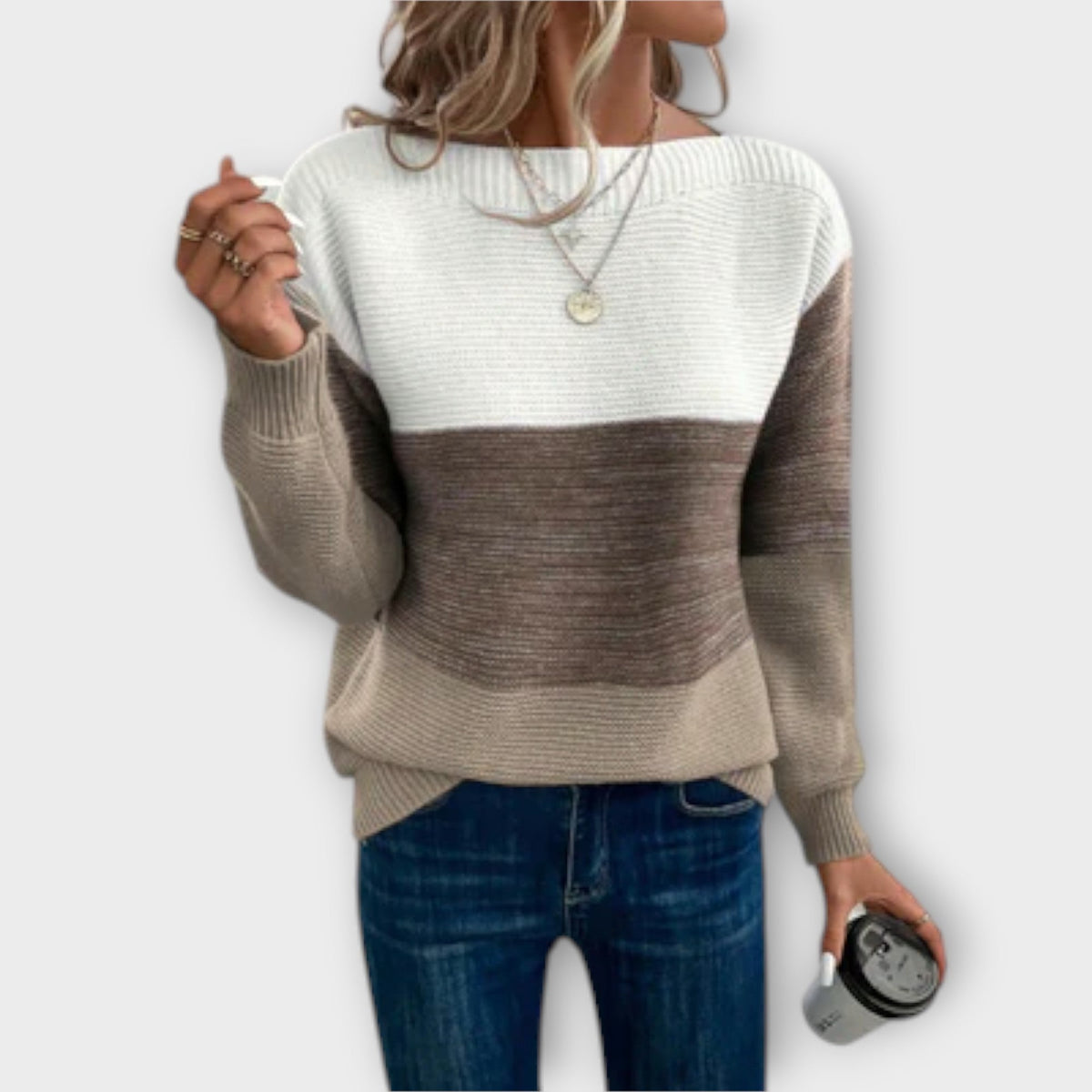Brown colour block ribbed jumper