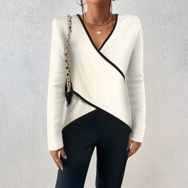 White contrast wrap knit top
