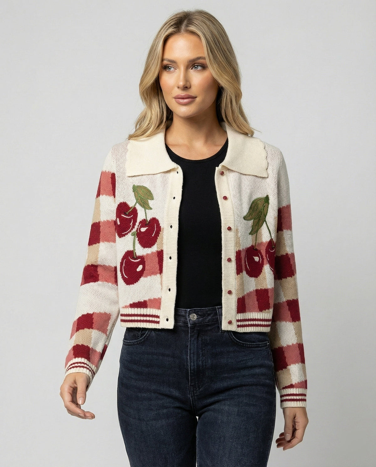 Cherry Red cropped cherry knit cardigan