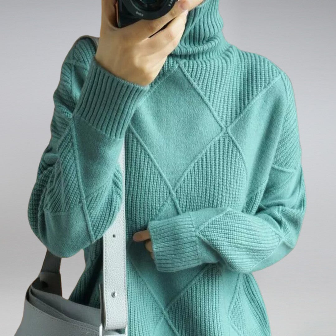 Turquoise diamond knit roll neck jumper