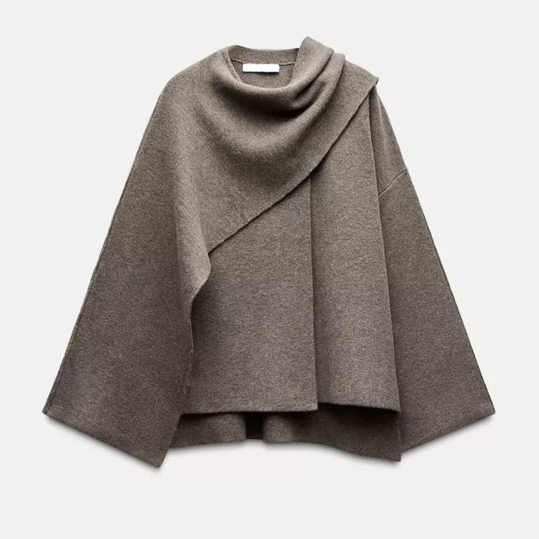 Brown draped cowl neck poncho