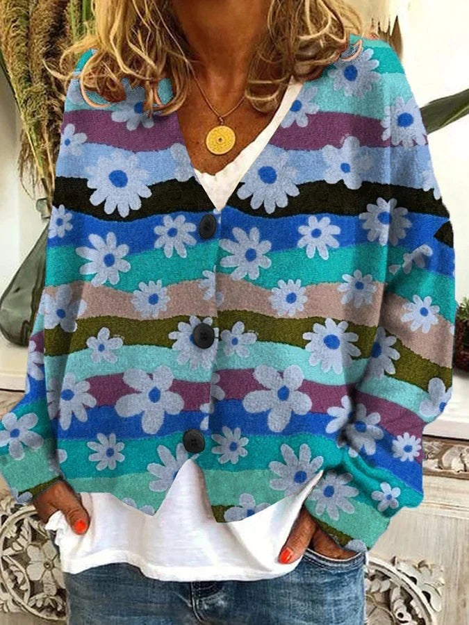 Blue floral stripe knit cardigan