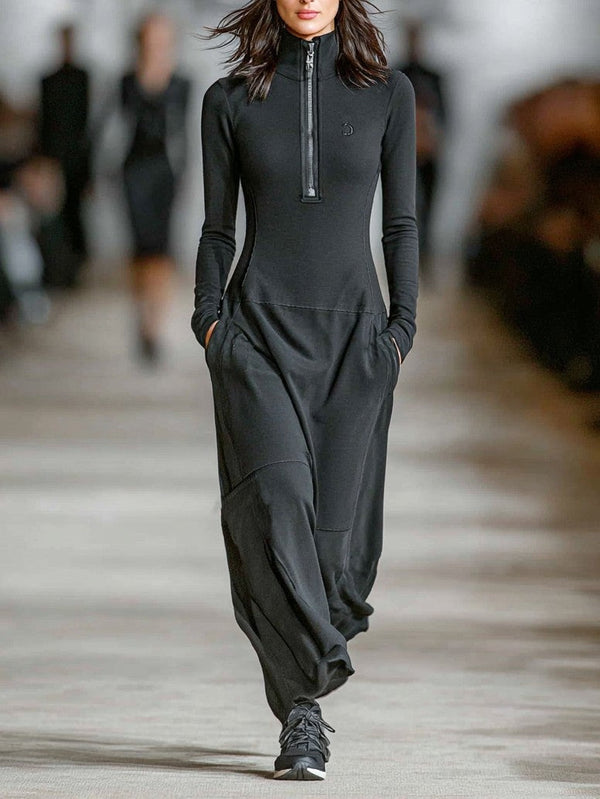 Black half-zip high neck maxi dress