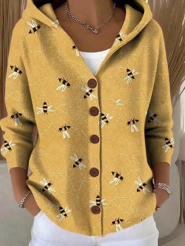 Yellow hooded printed button cardigan