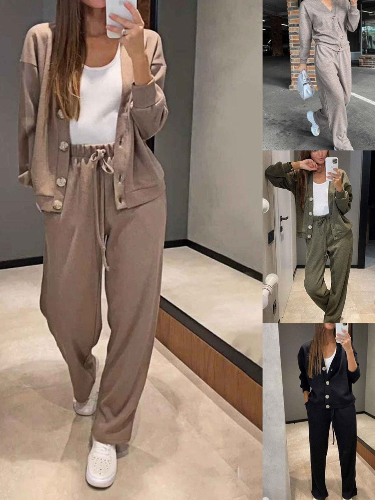 Sand knit cardigan and trouser co-ord