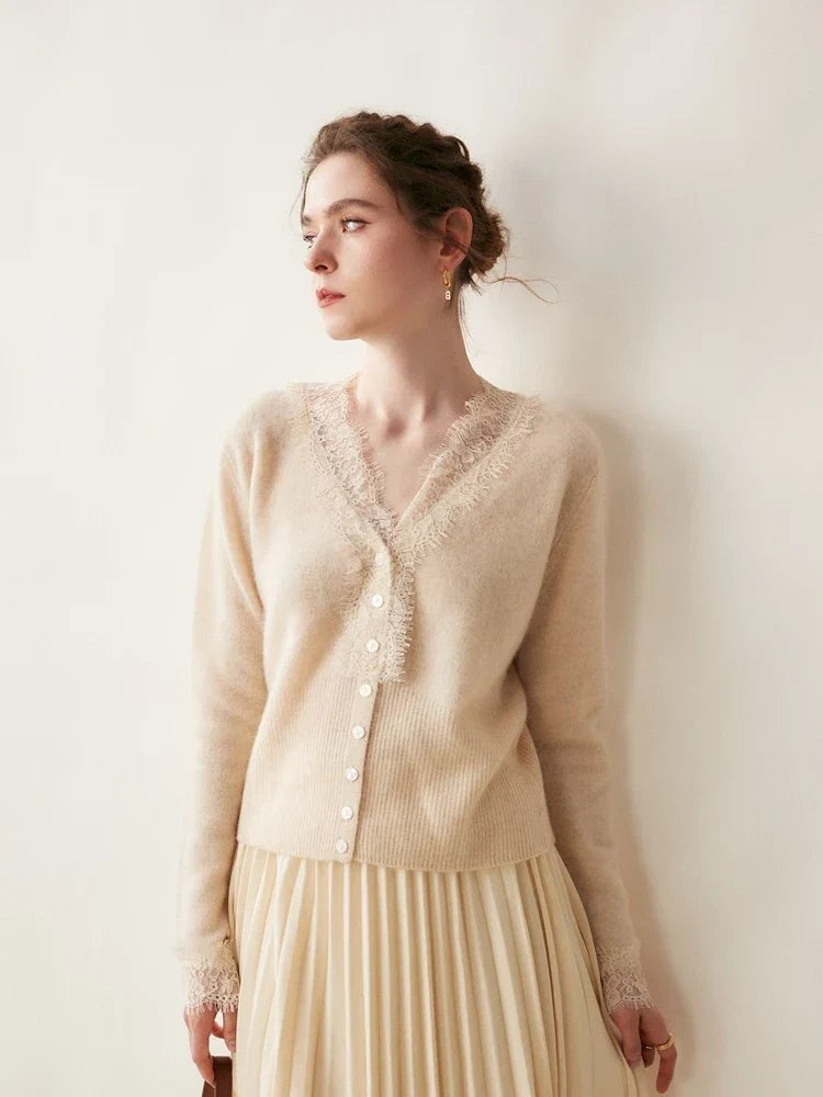 Lace-trim v-neck cardigan