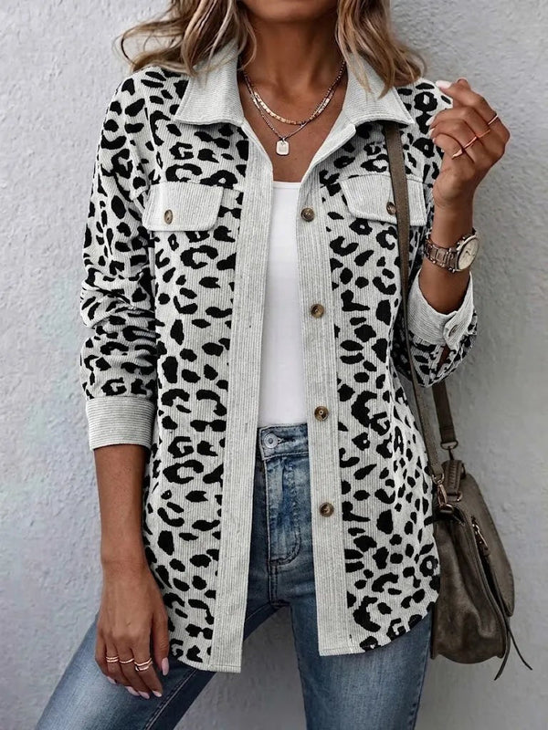 White leopard print corduroy shacket